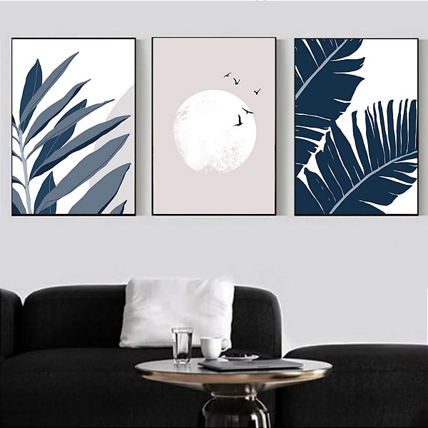 Conjunto com 3 quadros decorativos ilustração pássaros e folhas. Artista: Natalia Dercale.