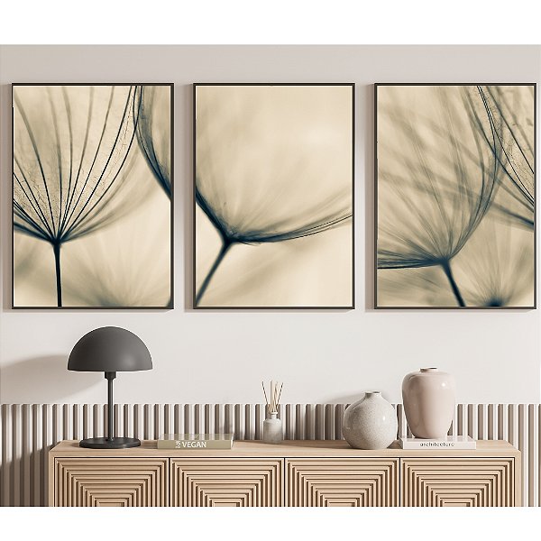 Conjunto com 3 quadros decorativos Dente de leão.