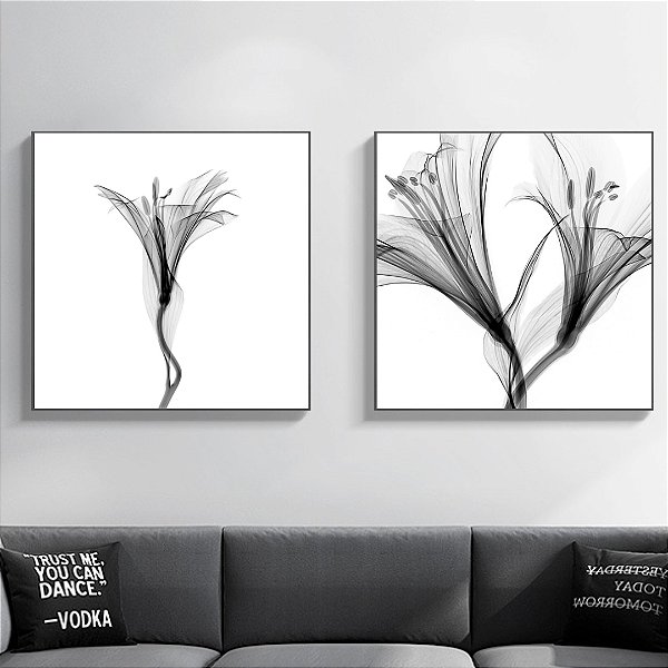 Conjunto com 2 quadros decorativos Flor preto e branco.