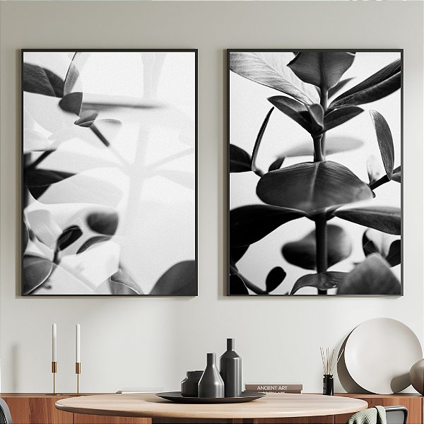 Conjunto com 2 quadros decorativos Folhas pretas.