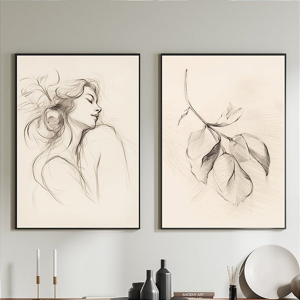 Conjunto de 2 Quadros Decorativos Figurativo e flor.