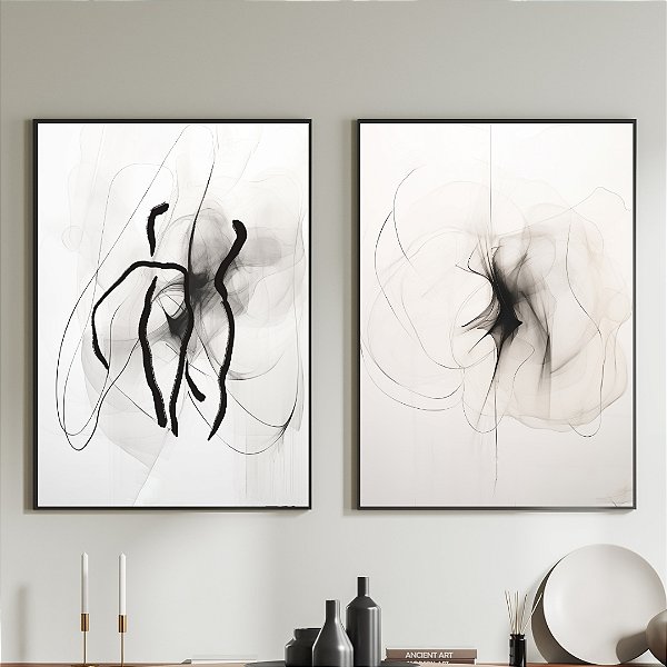 Conjunto de 2 Quadros Decorativos Abstrato Preto e branco.