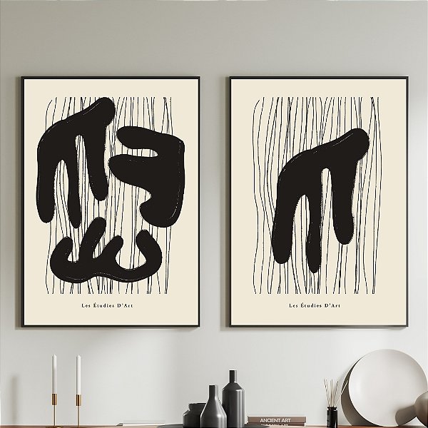Conjunto de 2 Quadros Decorativos Abstrato Preto.