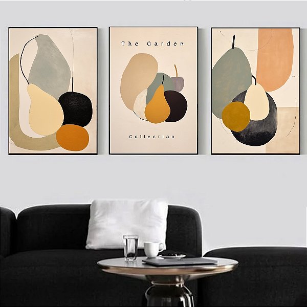 Conjunto com 3 quadros decorativos Frutas Abstratas.