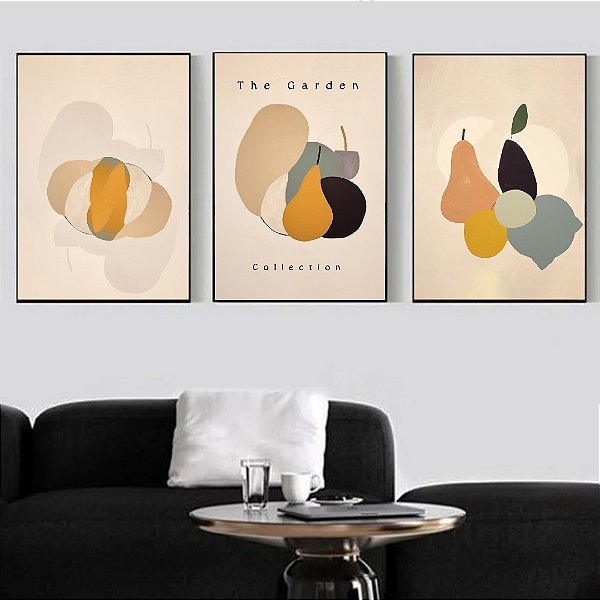 Conjunto com 3 quadros decorativos Frutas Abstratas.