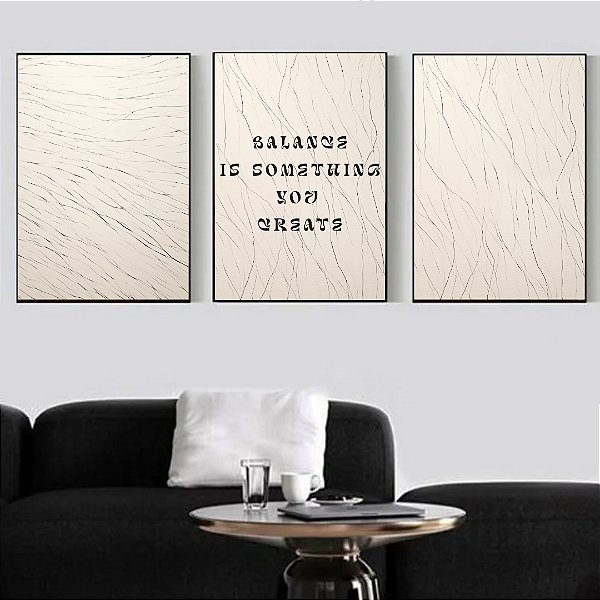Conjunto com 3 quadros decorativos Frase e Linhas Abstratas.