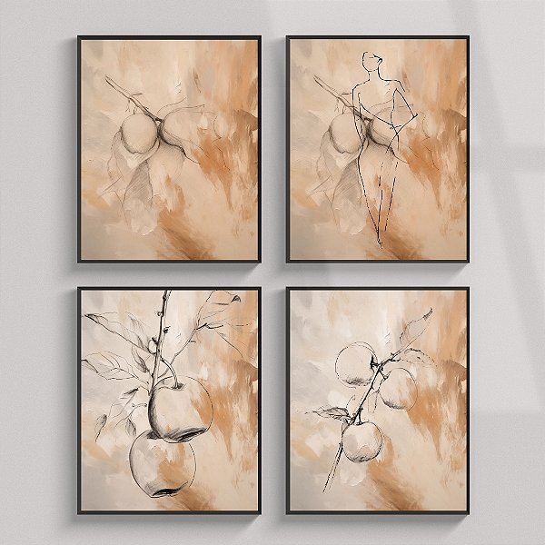 Conjunto de 4 quadros decorativos Frutas Abstratas.