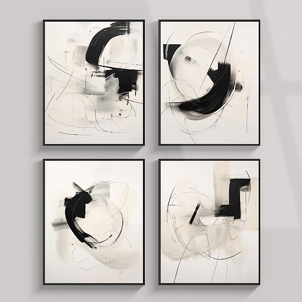 Conjunto de 4 quadros decorativos Abstratos Pretos.