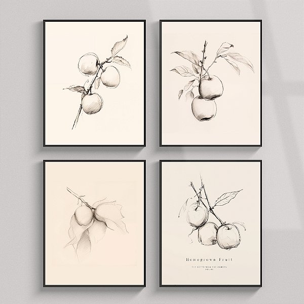 Conjunto de 4 quadros decorativos Frutas Abstratas.
