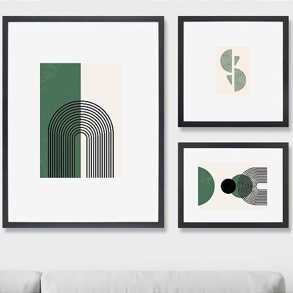 Composição com 3 quadros decorativos Geometria Verde Militar.