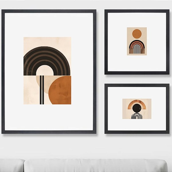 Composição com 3 quadros decorativos Geometria Cobre