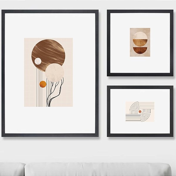 Composição com 3 quadros decorativos Geometria Cobre Circular