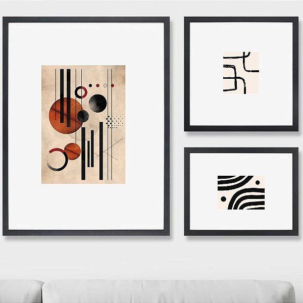 Composição com 3 quadros decorativos Geometria Cobre Circular