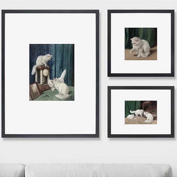 Composição com 3 quadros decorativos Gatinhos Vintage.