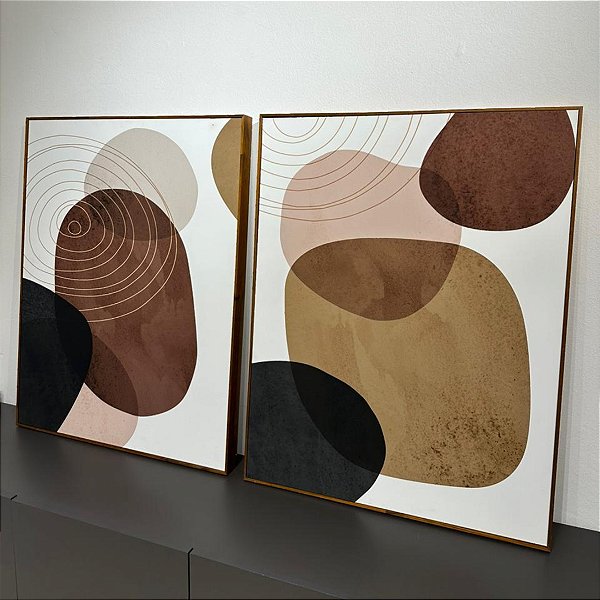 Conjunto com 2 quadros decorativos Formas Orgâncicas . Medida 70x90cm cada Canvas com moldura filete freijó.