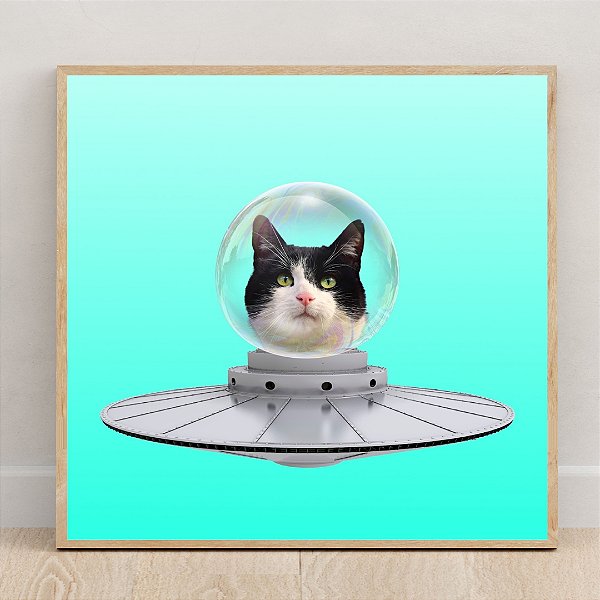Quadro decorativo Gato e nave espacial.
