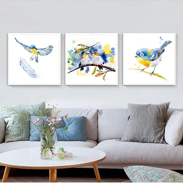 Conjunto com 3 quadros decorativos pássaros azul.