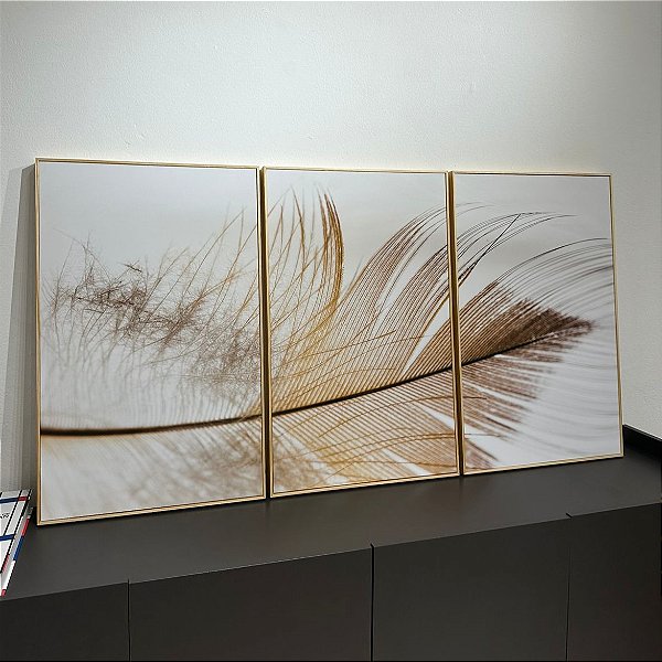 Conjunto com 3 quadros decorativos abstratos Pena Dourado. Medida 50x80cm cada tela em Canvas com moldura filete pinus cru.