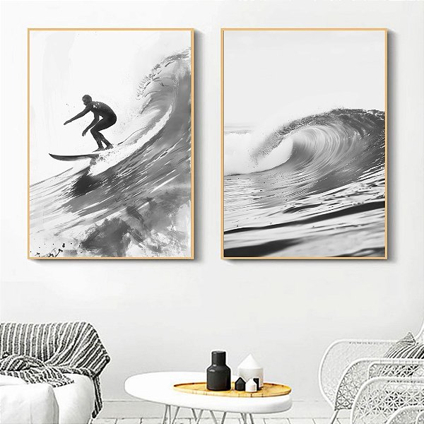 Conjunto de 2 Quadros Decorativos Surfando no mar.