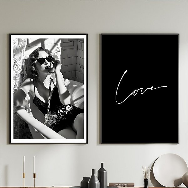 Conjunto de 2 Quadros Decorativos Figurativo preto e branco.