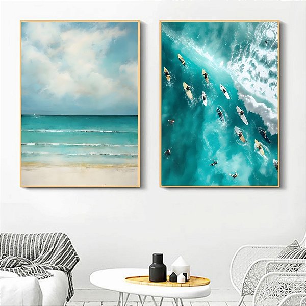 Conjunto de 2 Quadros Decorativos Mar azul.