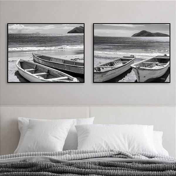 Conjunto com 2 quadros Barcos beira mar.