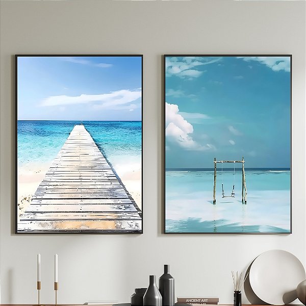 Conjunto de 2 quadros Paisagem Mar azul.