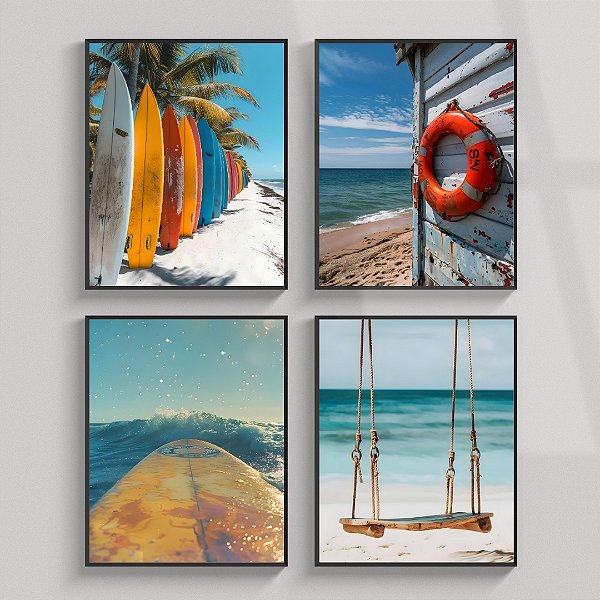 Conjunto de 4 quadros decorativos Praia no verão.