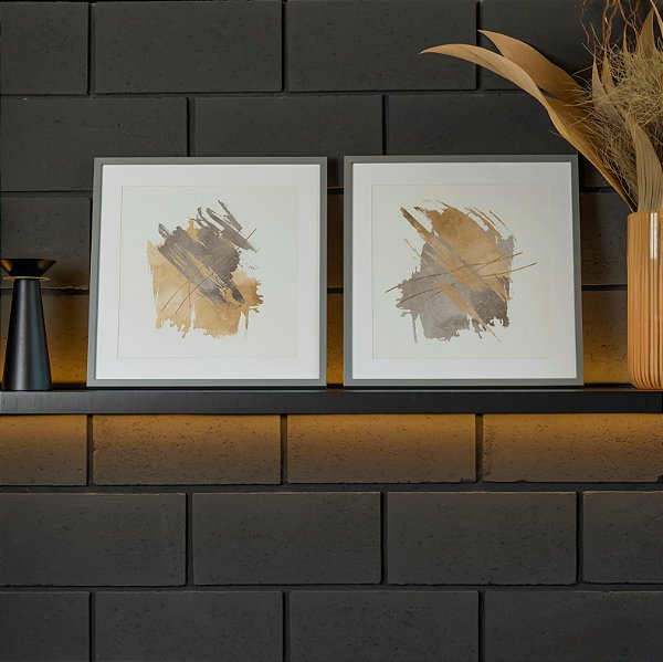 Conjunto de 2 quadros decorativos Pinceladas, medida 0,50x0,50cm cada. Moldura Cinza + paspatur + vidro incolor