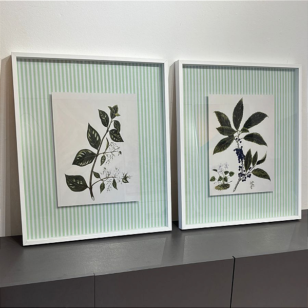Conjunto com 2 Quadros Decorativos Folhas delicadas. Medida 55x65 cada moldura de madeira branca com espaçador, vidro incolor e imagem flutuante.