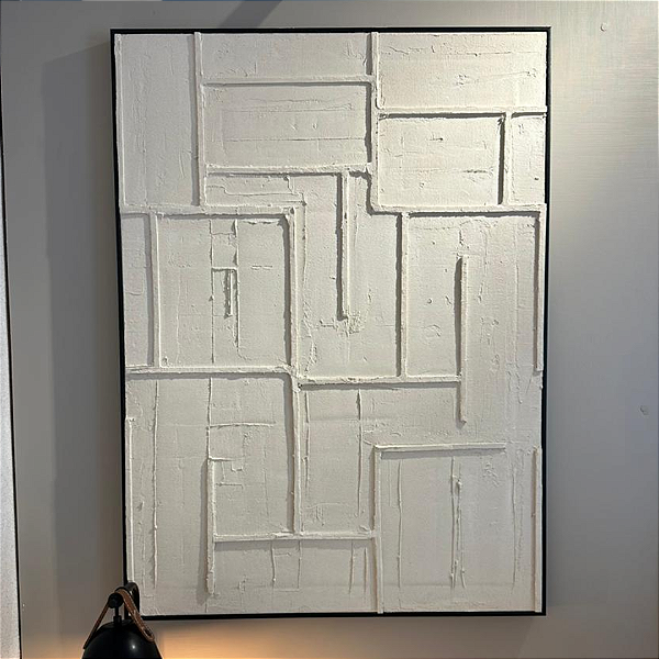 Quadro Decorativo Minimalista Textured White 0,80x1,10cm com moldura madeira preta.