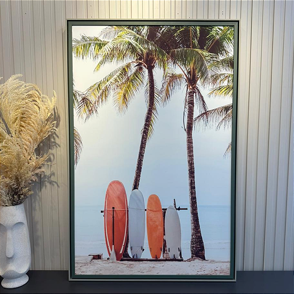 Quadro decorativo Surf - Medida 0,75x1,15cm Impressão canvas fineart e moldura dupla verde.