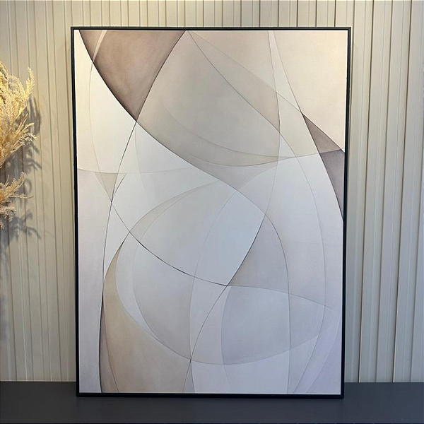 Quadro decorativo Abstrato Neutro. Medida 0,70x0,95cm Impressão canvas fineart e moldura filete preta.