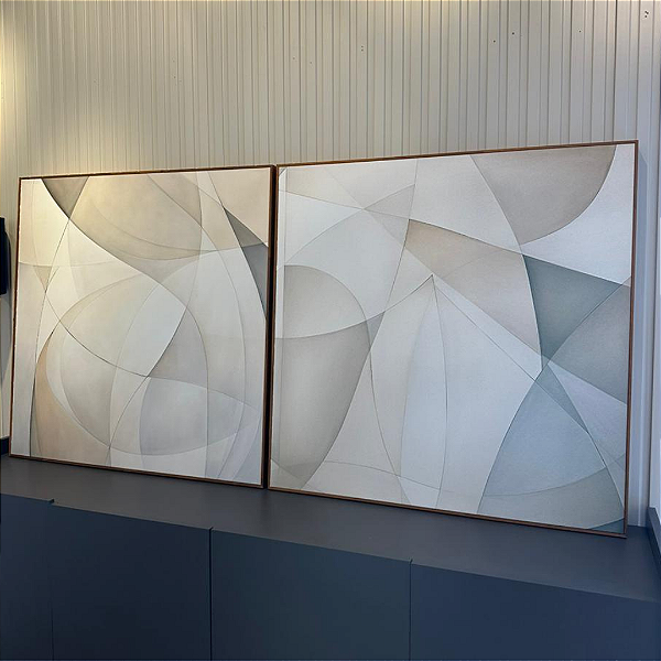 Conjunto com 2 quadros decorativos Abstrato Neutro. Medida 0,90x0,90cm cada Canvas com moldura filete freijó