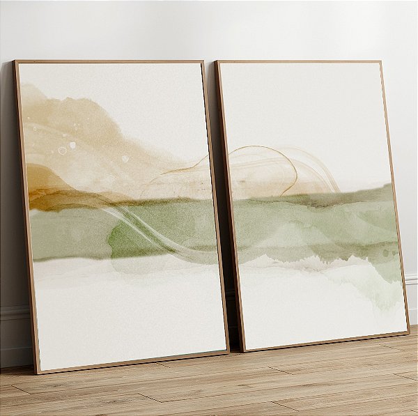 Conjunto de quadros linhas e onda abstrata verde e bege .