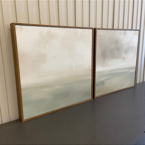 Dupla de Quadros Abstratos Tons Neutros. Medida 40x40 cm cada, com moldura amadeirada.