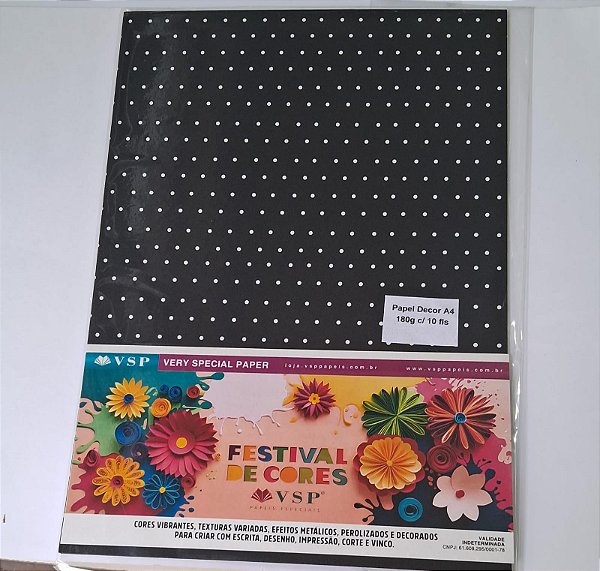 PAPEL DECOR  A4 210X297 COLOR PLUS PRETO BOLINHA BRANCO180G C/ 10 FLS