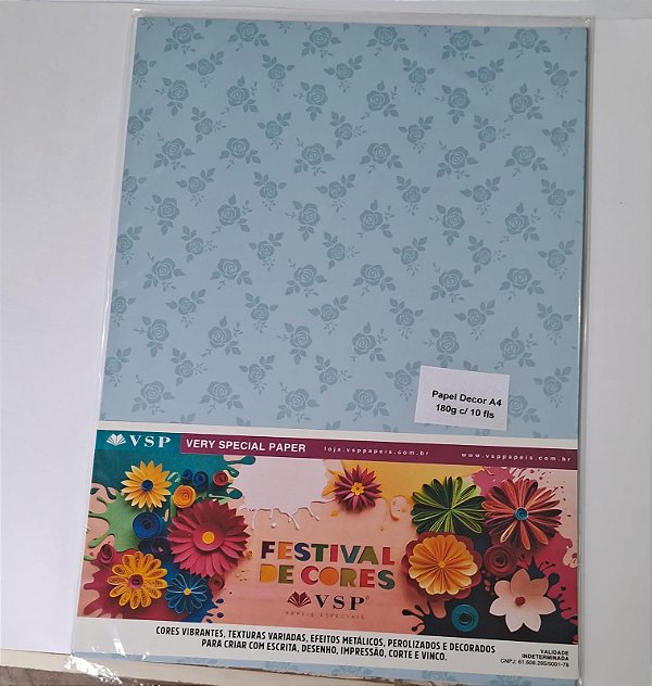 PAPEL DECOR A4 210X297 DECOR COLOR PLUS AZUL SANTORINI ROSAS INCOLOR 180G C/ 10 FLS