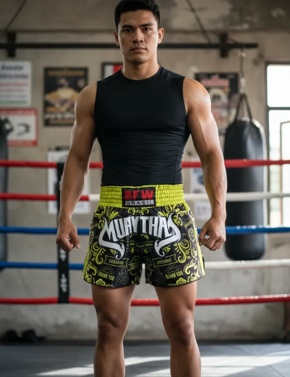 Short Muay Thai Calção Tailandês Unissex - Premium Verde Limão