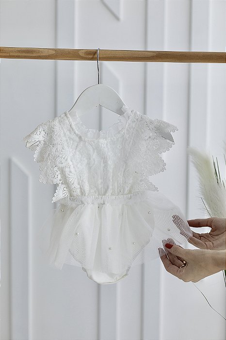 Vestido Romper Branco para Bebê - Pérolas