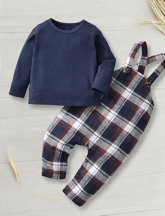 Conjunto Jardineira Xadrez Azul