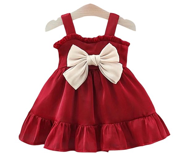 Vestido infantil vermelho Marsala com laço creme