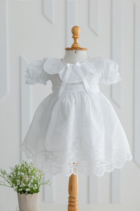 Vestido para batizado com bordado e renda renascença - FLORA