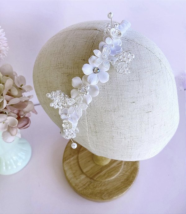 Tiara luxo ajustável com pedras e flores - Liz
