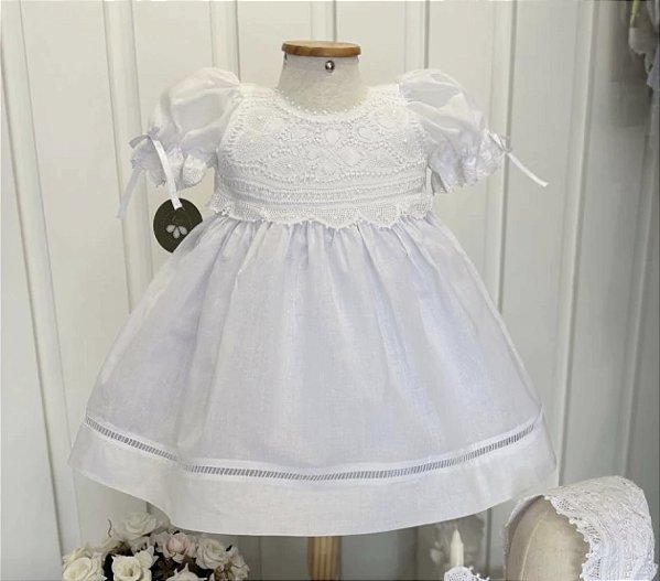 Vestido de Batismo com busto renascença e ponto palito - Isadora