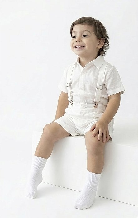 Conjunto Menino com suspensório para Batismo - Branco