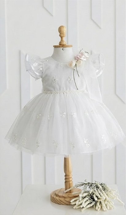 Vestido Luxo Branco Bebê com Flores