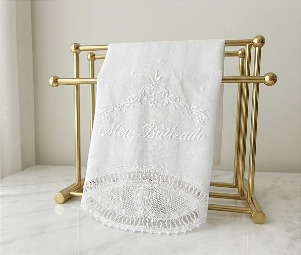 Toalha bordada Meu Batizado com ramos - com barrado em renda renascença