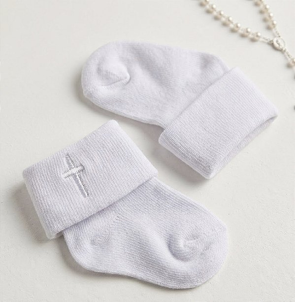 Meia Branca Bebê com Bordado Cruz