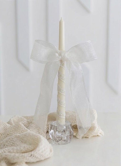 Vela de Batizado com Laço de Organza e decorada com renda